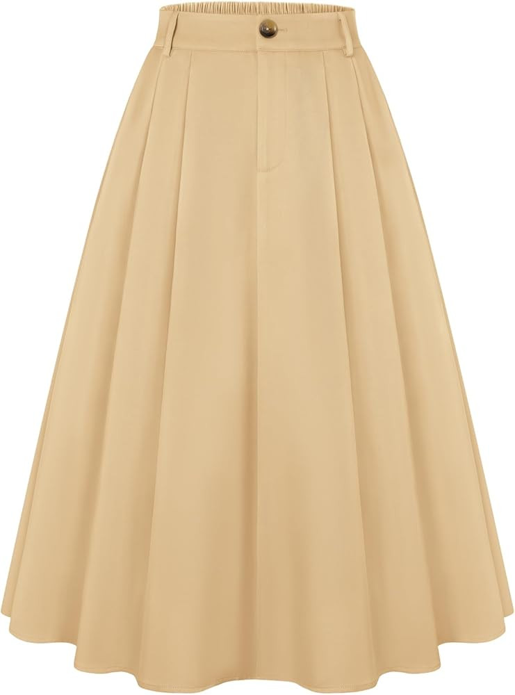 Belle Poque Women Vintage Pleated Skirt with Pockets A Line Midi High Elastic Waist Flared Skirt ... | Amazon (US)