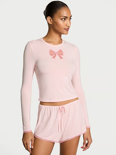 SoSoft™ Modal Bow Long-Sleeve Tee & Short Set, Pink, Xxl - Women's Pajama Sets - Victoria's Secret | Victoria's Secret (US / CA )