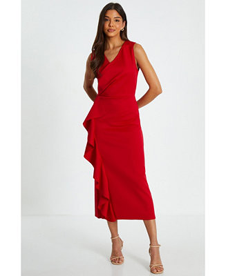 QUIZ Women's Scuba Crepe Wrap Frill Midi Dress - Macy's | Macy's