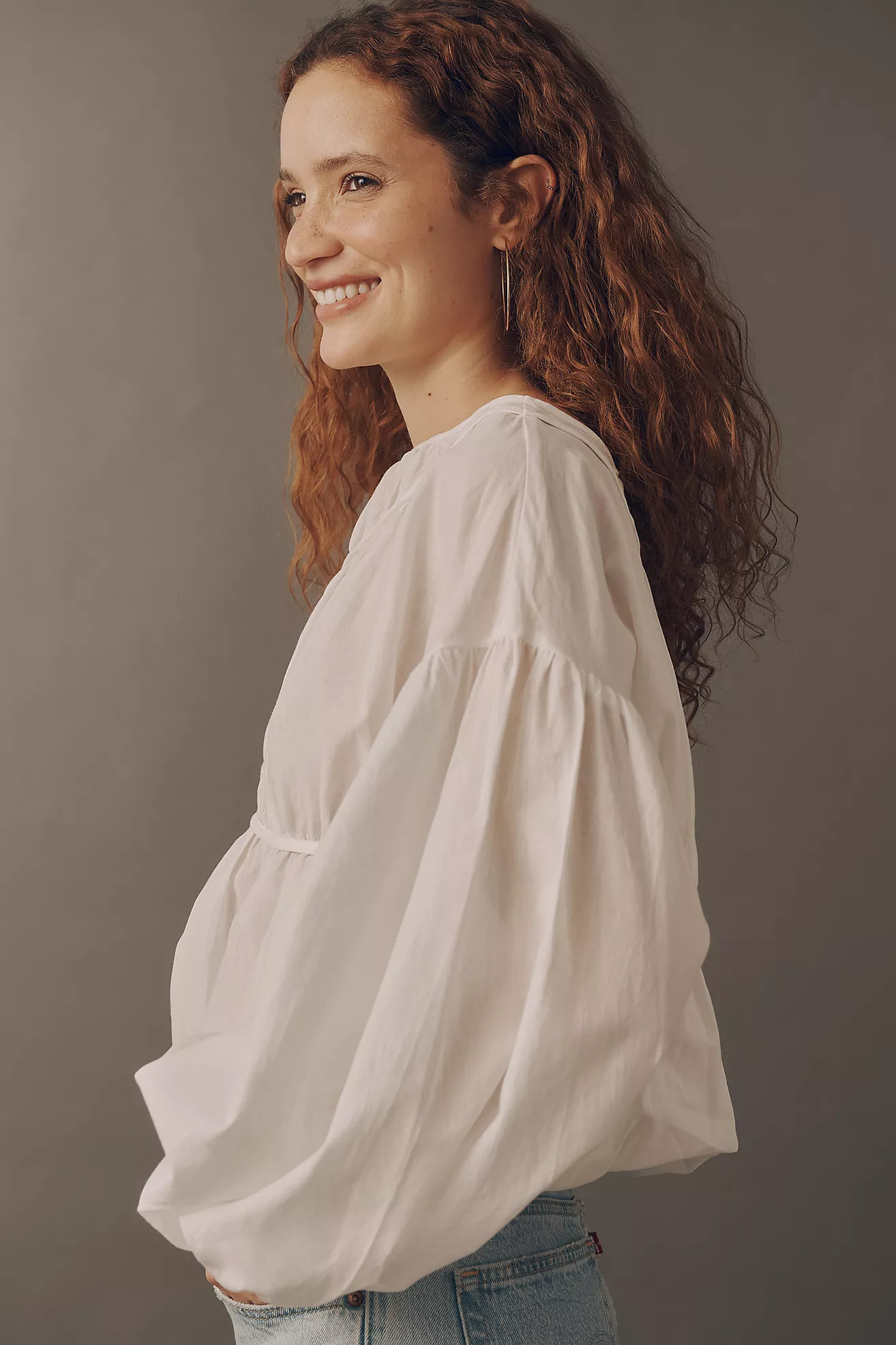 a.ren Tropez Shirred Linen Cotton Puff-Sleeve Blouse | Anthropologie (US)