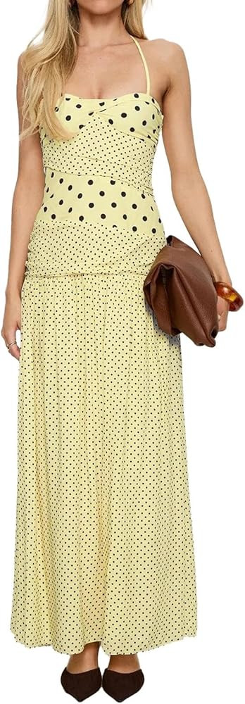 Women Polka Dot Maxi Dresses Halter Backless Patchwork Flowy Party Vacation Dress | Amazon (US)