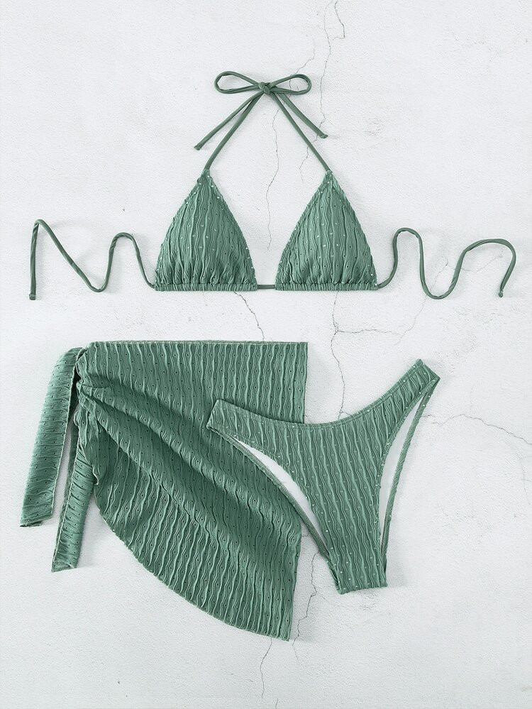 Plain Halter Triangle Bikini Swimsuit With Beach Skirt | SHEIN