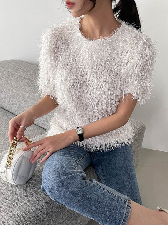 Unique and Modern Short Sleeve Ivory Feather Blouse Fuzzy | Etsy | Etsy (US)