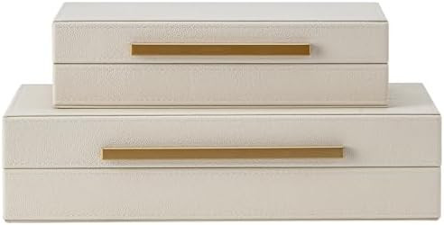 Set of 2 Beige Shagreen Decorative Storage Boxes with Gold Metal Handles – Faux Leather Jewelry... | Amazon (US)
