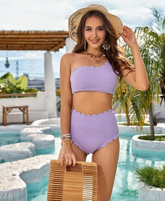 2 Piece One Shoulder Swimsuits for Women, High Waisted Bottom Scalloped Bikini Set, Petals Solid Wav | Amazon (US)