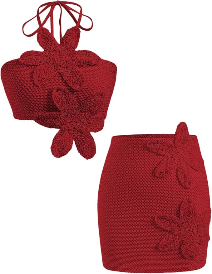 Women's 2 Piece Crochet Outfits 3D Floral Backless Halter Crop Top and Mini Knit Skirt Beach Vaca... | Amazon (US)