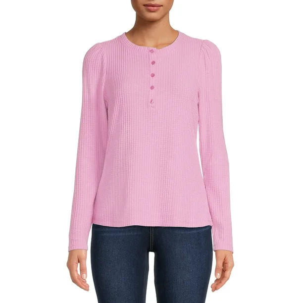 Time And Tru Women's Waffle Henley Top - Walmart.com | Walmart (US)