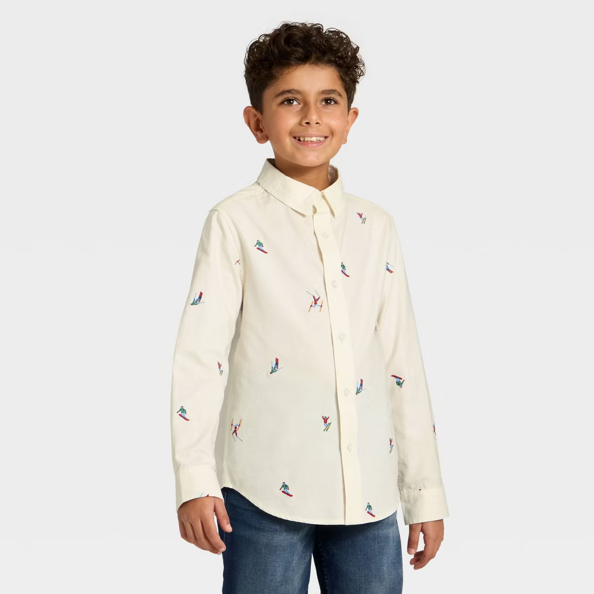 Boys' Long Sleeve Holiday Printed Button-Down Shirt - Cat & Jack™ Cream | Target