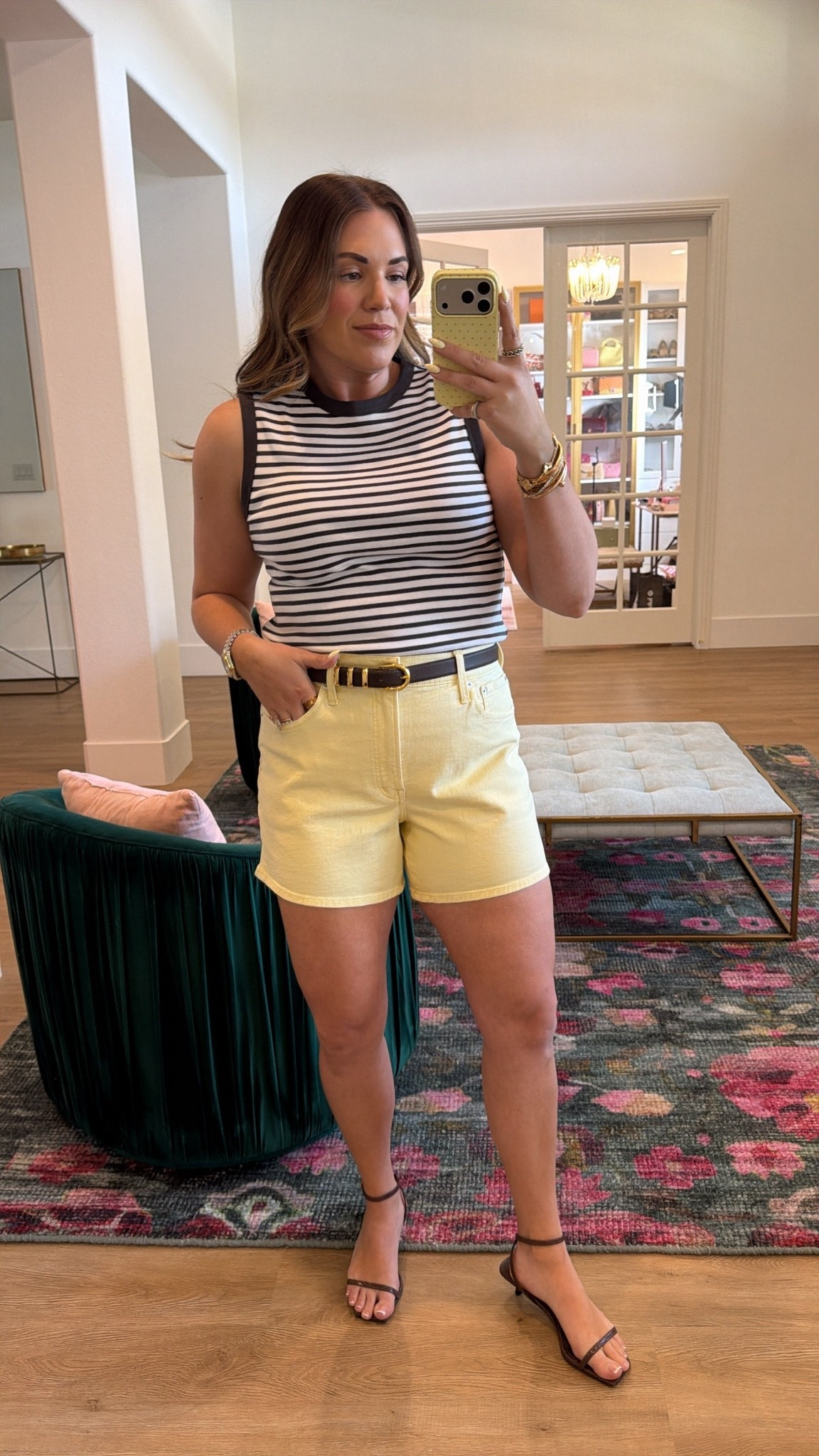 curvy midsize casual summer outfit! wearing size large in brown and white striped tank and size 30 in butter yellow denim shorts. outfit is 20% off with code LTK20

#LTKxMadewell #LTKMidsize #LTKSeasonal