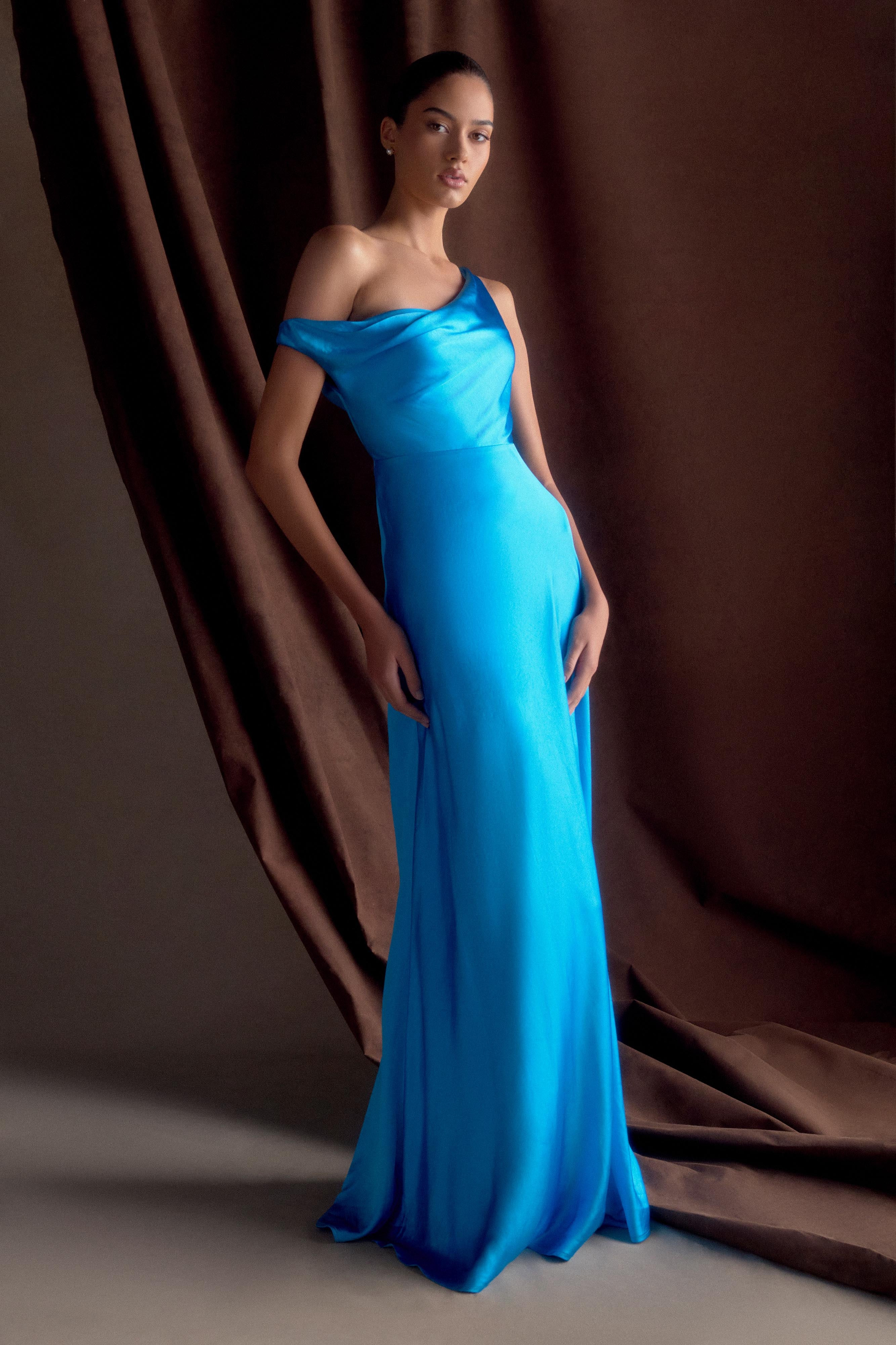 Jacinta One Shoulder Maxi Dress - Cyan Blue | MESHKI US
