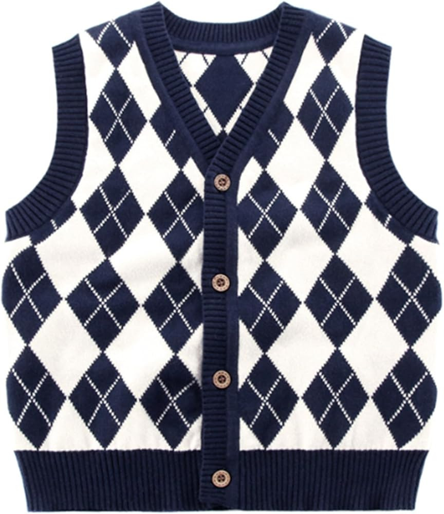 Diamond Knit Vest for Baby Toddler Boys 2-5 Years Snap Button V Neck Cardigan Sweater Vest | Amazon (US)
