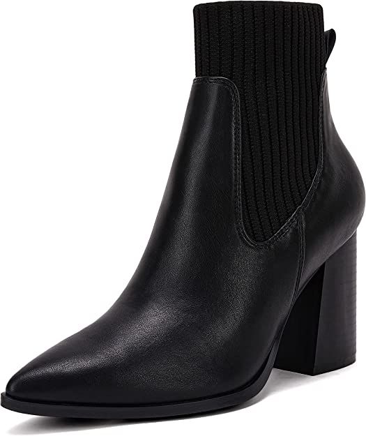 Amazon.com | Womens Pointed Toe Ankle Booties Elastic Chunky Block High Heel Comfortable Chelsea ... | Amazon (US)