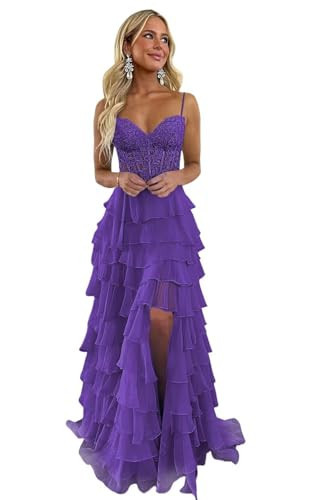 REIOKJT Lace Tiered Prom Dress Sweetheart Homecoming Dress with Slit Ruffle Chiffon Prom Dresses Purple A US14 | Amazon (US)