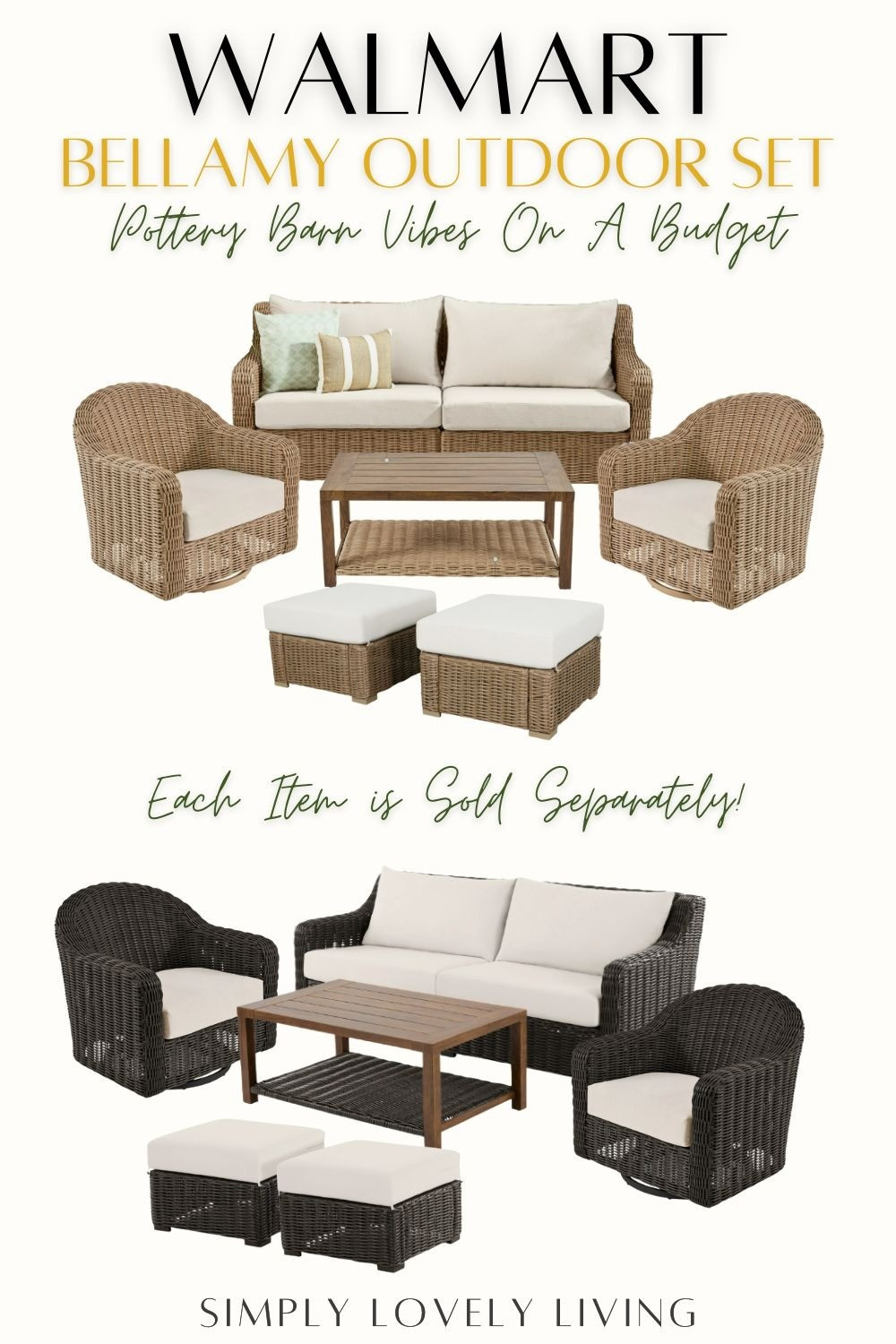 Pottery Barn on a Budget!!! These new Bellamy Outdoor collection is STUNNING!!! Each item is sold separately so if you only want the sofa and chairs you can order them separately without the coffee table and ottomans! They also have a non swivel lounge chair which I will link below! But these wicker swivel chairs are the cutest! Affordable Wicker outdoor furniture from Walmart. #outdoorfurniture #Walmart #LTKfind

#LTKHome #LTKSeasonal