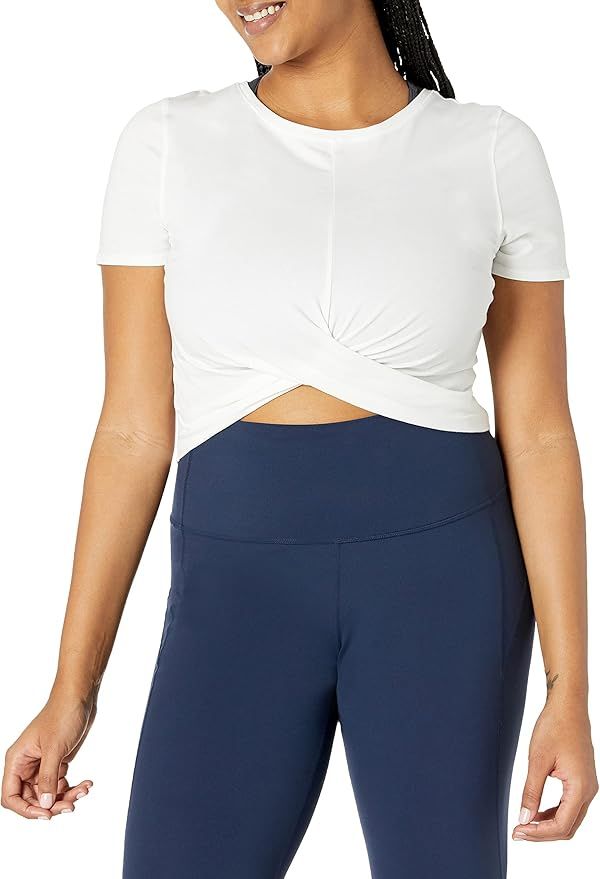 Core 10 Women's Soft Pima Cotton Knot Front Cropped Yoga T-Shirt | Amazon (US)