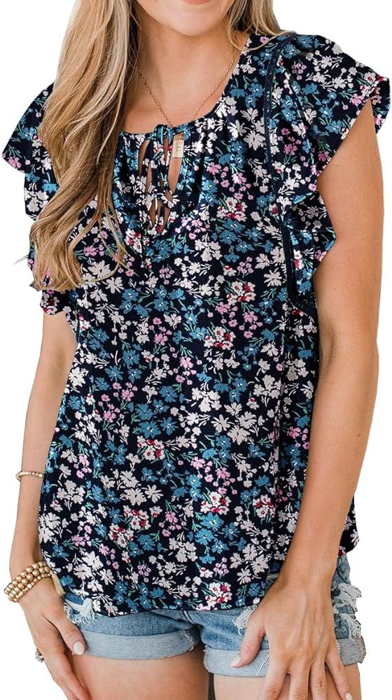 ZC&GF Women's Tops Casual Boho Floral Print V Neck Blouses Flannel Ruffle Sleeve Loose Shirts | Amazon (US)