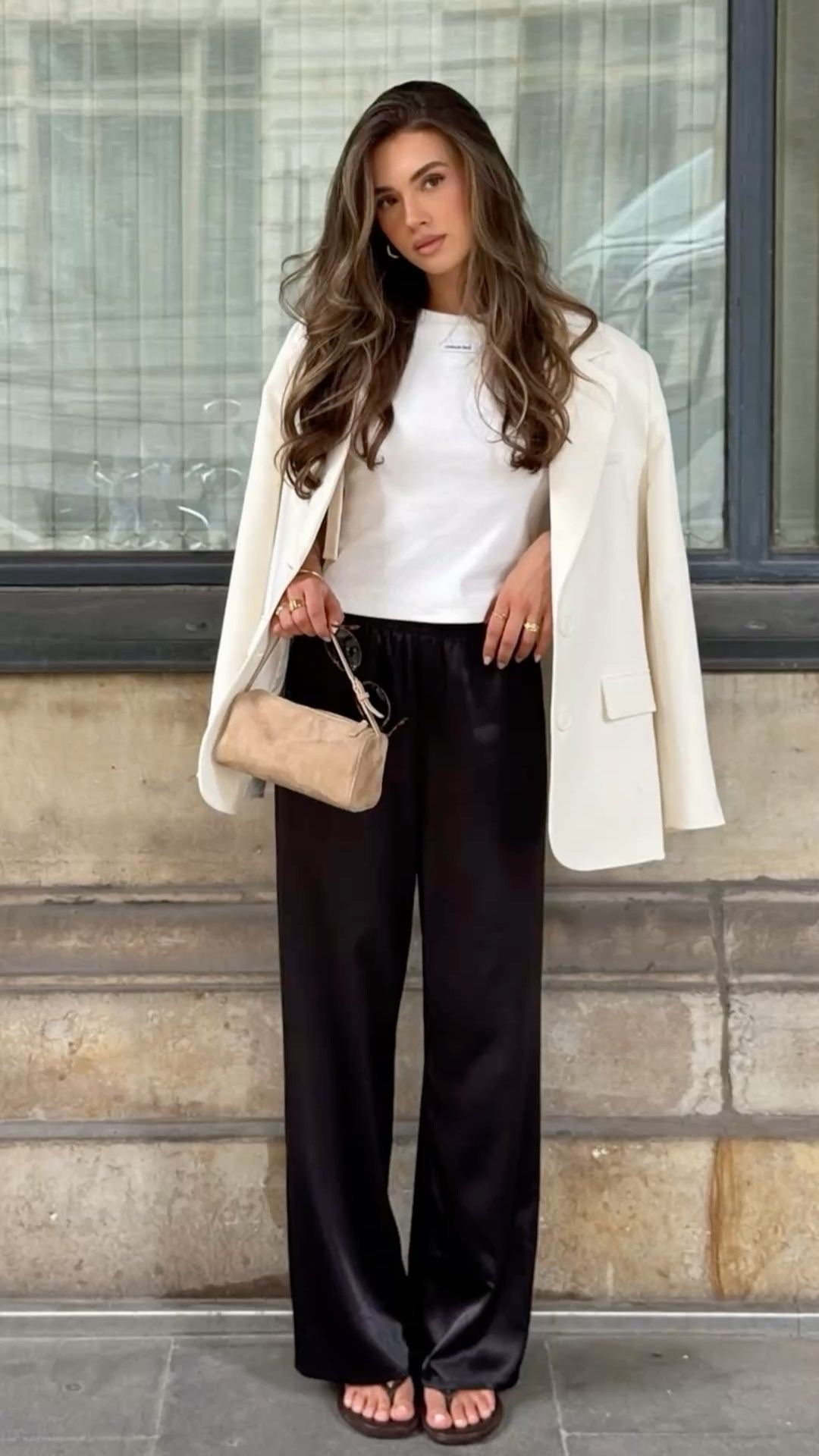 Black satin oants 
White ahier
White blazer
Nude Ron bag

#LTKootd #LTKPetite #LTKBeauty