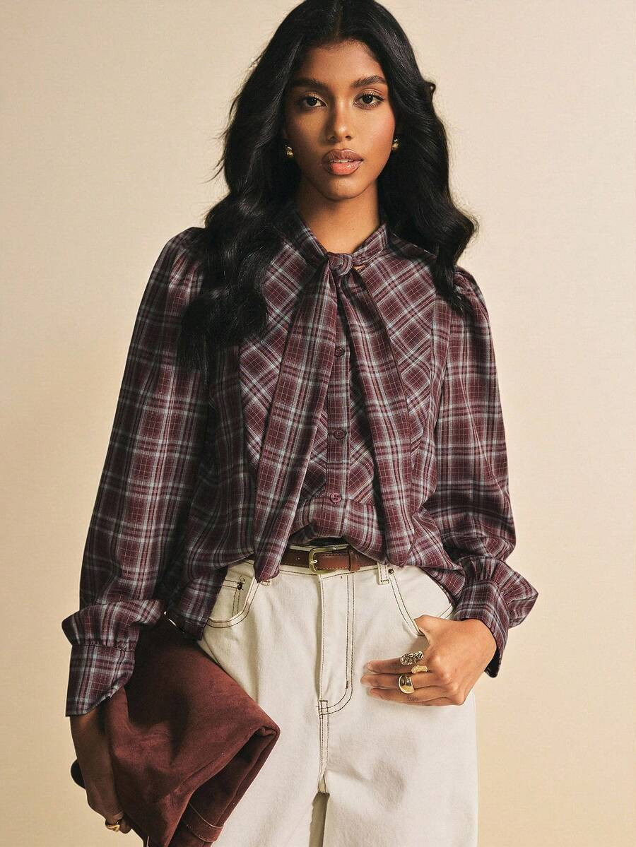 Poéselle Women's Knotted Collar Plaid Long Sleeve Single-Breasted Casual Shirt Western Blouses W... | SHEIN