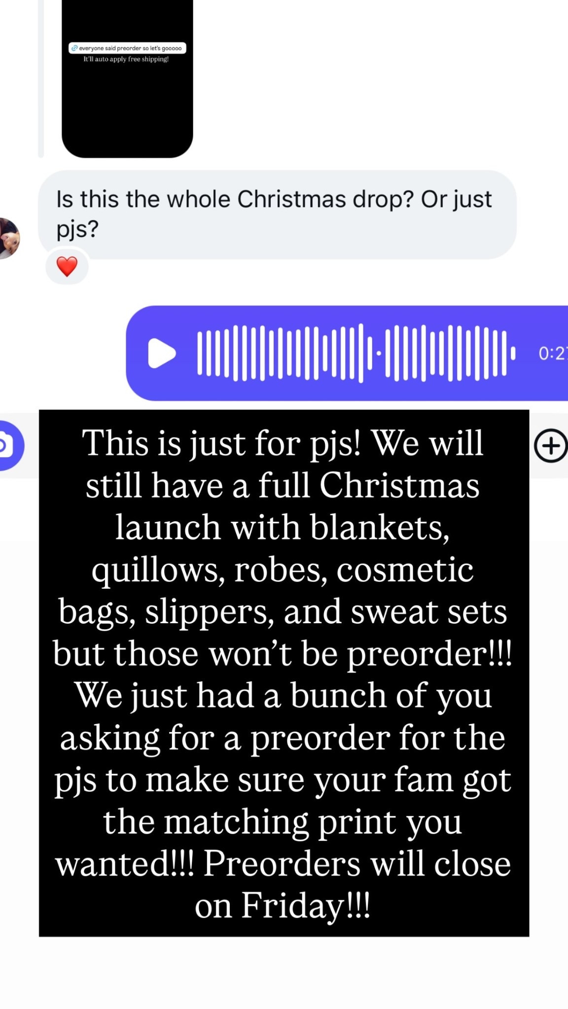 This is just for pjs! We will still have a full Christmas launch with blankets, quillows, robes, cosmetic bags, slippers, and sweat sets but those won’t be preorder!!!
We just had a bunch of you asking for a preorder for the pjs to make sure your fam got the matching print you wanted!!! Preorders will close on Friday!!!