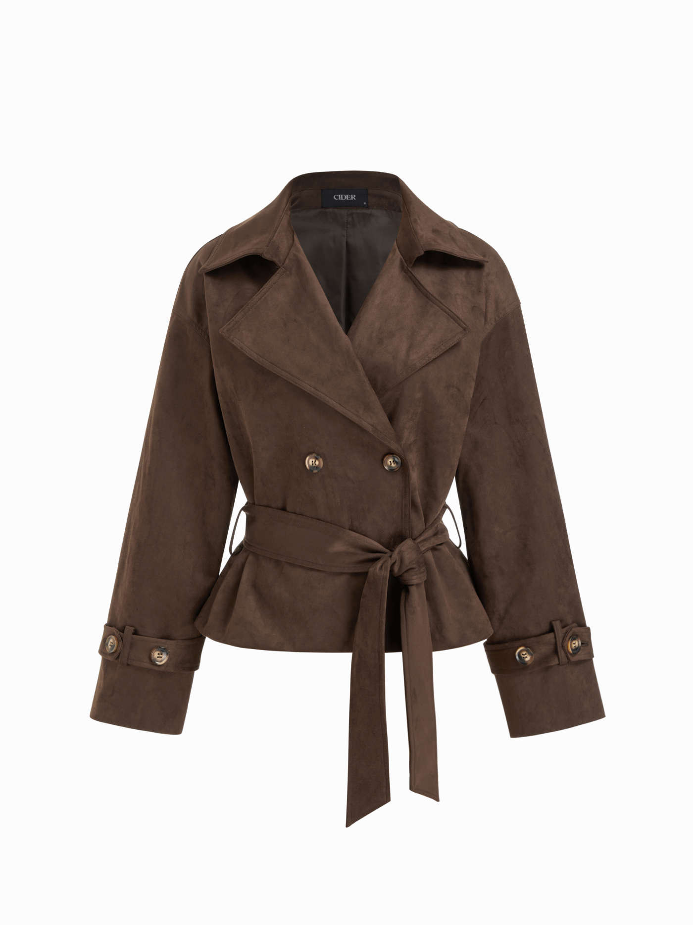 Suede Suede Collar Double Breasted Trench Coat With Belt For Work | Cider
