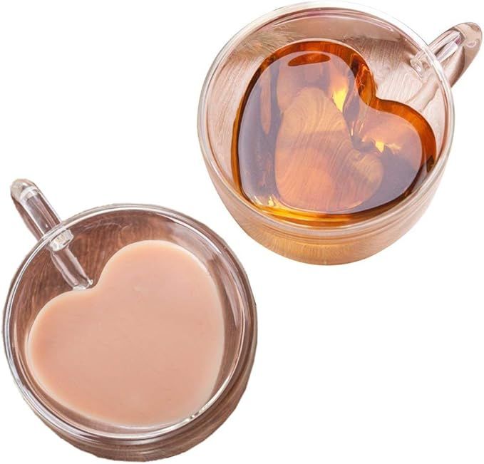 Heart Shaped Espresso Cups Set Of 2-Double Wall Glass Coffee Cup Insulated Mugs With Closed Handl... | Amazon (US)