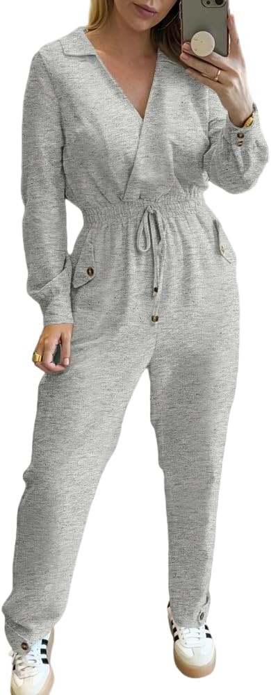 CHICME 2025 Casual Jumpsuits for Women Lapel V-Neck Long Sleeve Drawstring Waist Jumpsuit with Si... | Amazon (US)