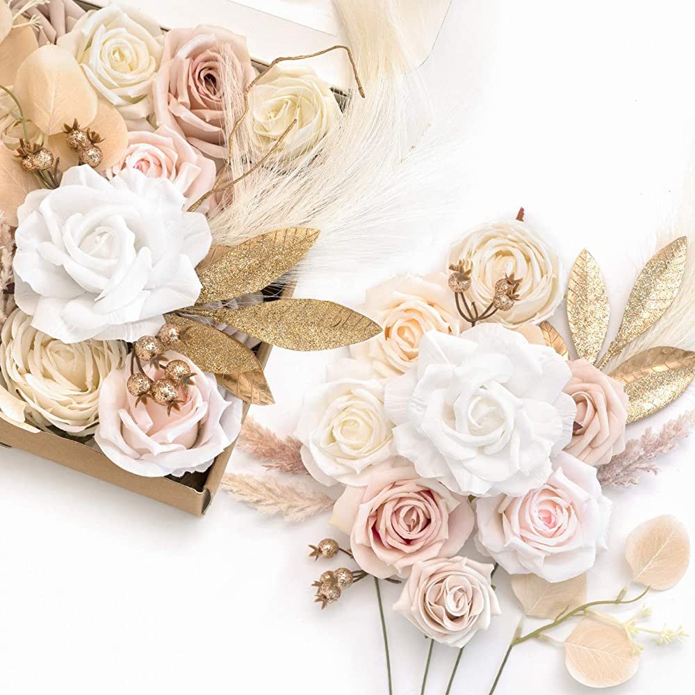 Ling's Moment White&Beige Artificial Flowers Box Set for DIY Wedding Bouquets Centerpieces Arrang... | Amazon (US)