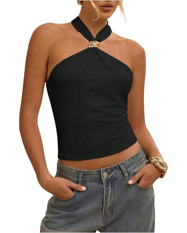 Floerns Women's Sleeveless Metal Ring Halter Tops Tie Backless Beach Camisole Tank Top | Amazon (US)