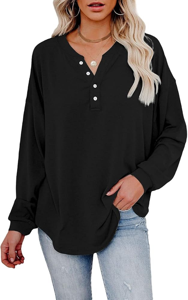 Dressmine Women's V Neck Henley Shirts Long Sleeve Casual Loose Tunic Tops Pullover Sweatshirts with | Amazon (US)