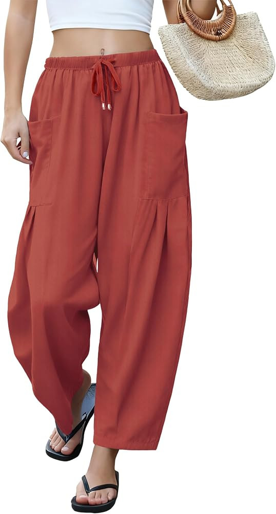 LOMON Womens Wide Leg Linen Pants Casual Drawstring Palazzo Harem Pants | Amazon (US)
