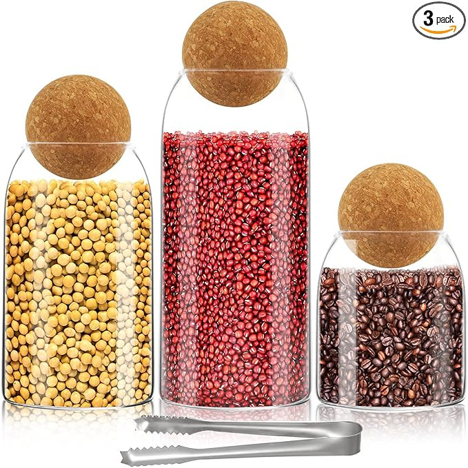 3Pcs Glass Jar with Round Ball Cork,Coffee Bean Jar Glass Cork Clear Glass Bottles with Cork Glas... | Amazon (US)