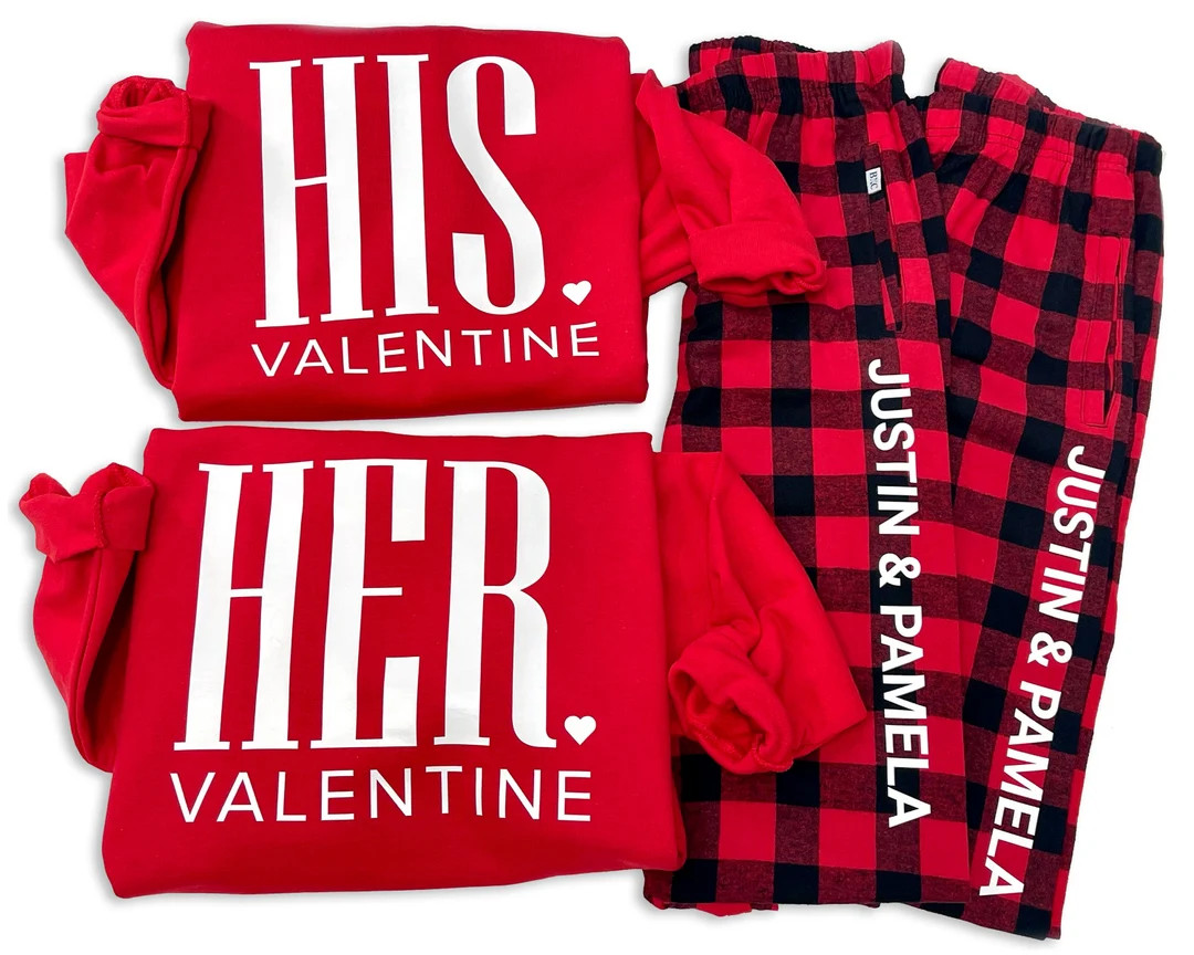Her Valentine & His Valentine. Valentine's Day Couples Matching Pajamas. Girlfriend and Boyfriend... | Etsy (US)