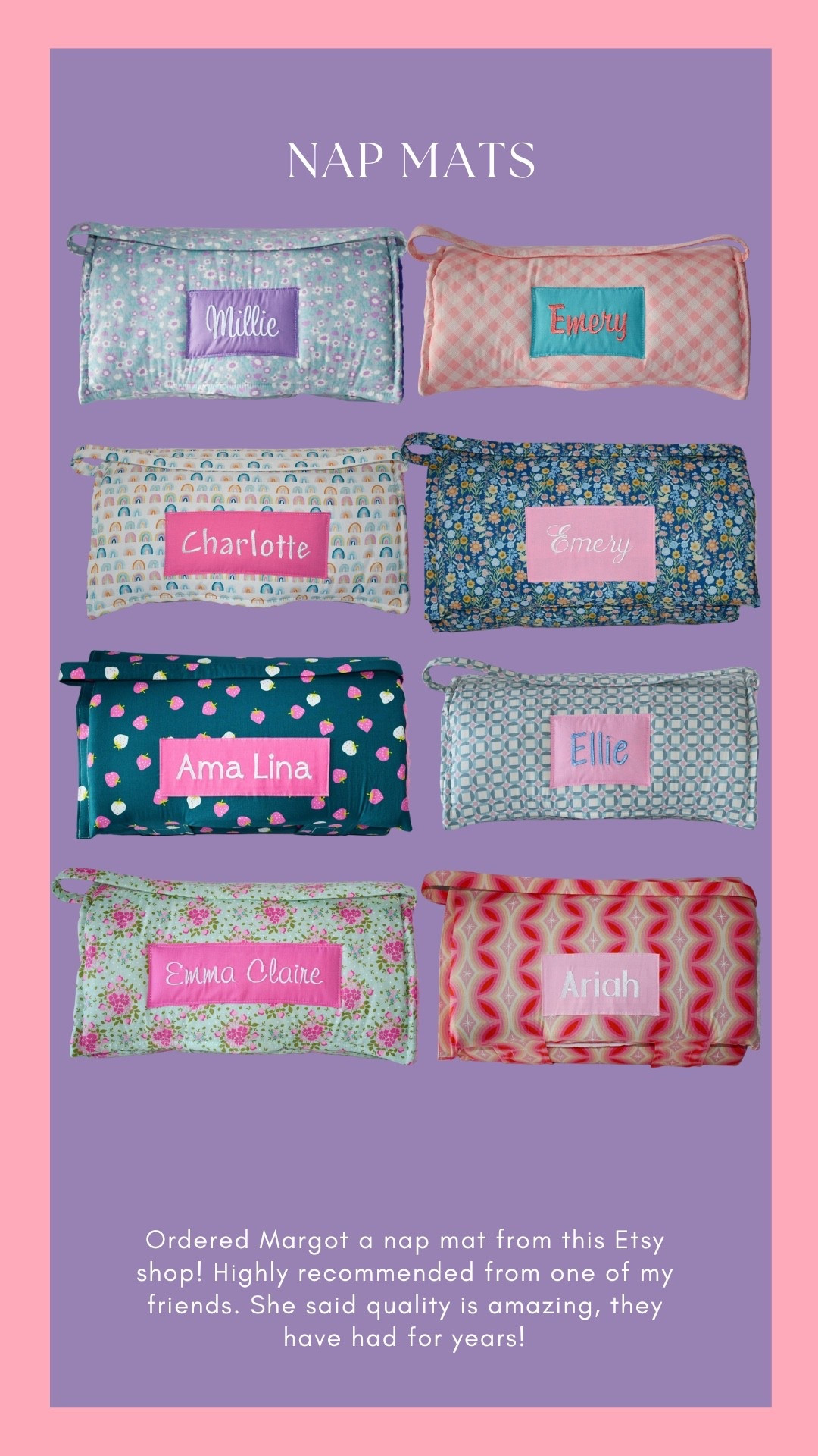Nap Mat I ordered for Margot from an Etsy Shop! Quality is amazing. Linked some favorite designs! 