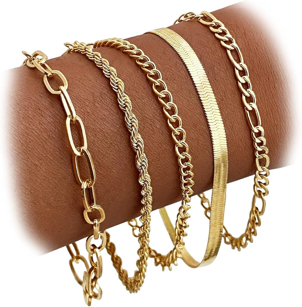 IFKM Gold Bracelets for Women Girls, 14K Gold Plated Dainty Link Chain Bracelet set, Trendy Stack... | Amazon (US)