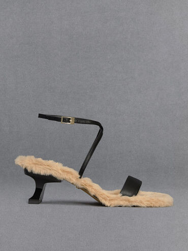 Leather Fur-Lined Ankle-Strap Heeled Sandals
 - Black | Charles & Keith US