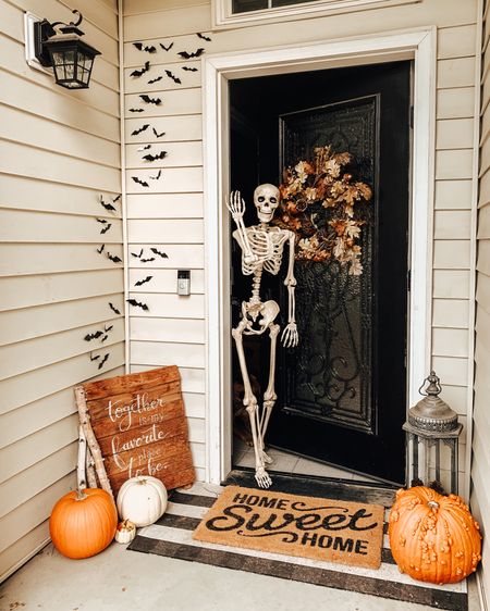 Halloween front door decor / bats / skeletons / pumpkins / home sweet home