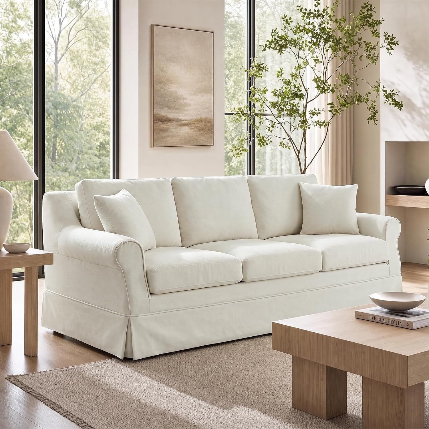 HULALA HOME 88" Slipcovered Sofa with Down-Filled Cushions, White | Amazon (US)