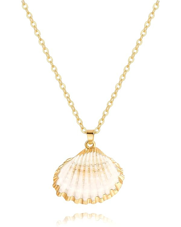Natural Seashell Shell Scallop Pendant Choker Necklace Adjustable 18K Gold Plated Cable Chain Han... | Amazon (US)