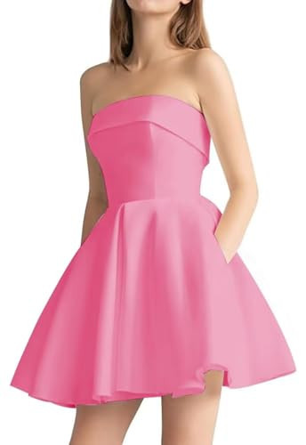 Leeskoot Women's Pink Short Prom Dresses 2025 Strapless Satin Bridesmaid Dresses Short Wedding Dresses for Brides A Line Formal Evening Prom Gown with Pockets,Pink | Amazon (US)