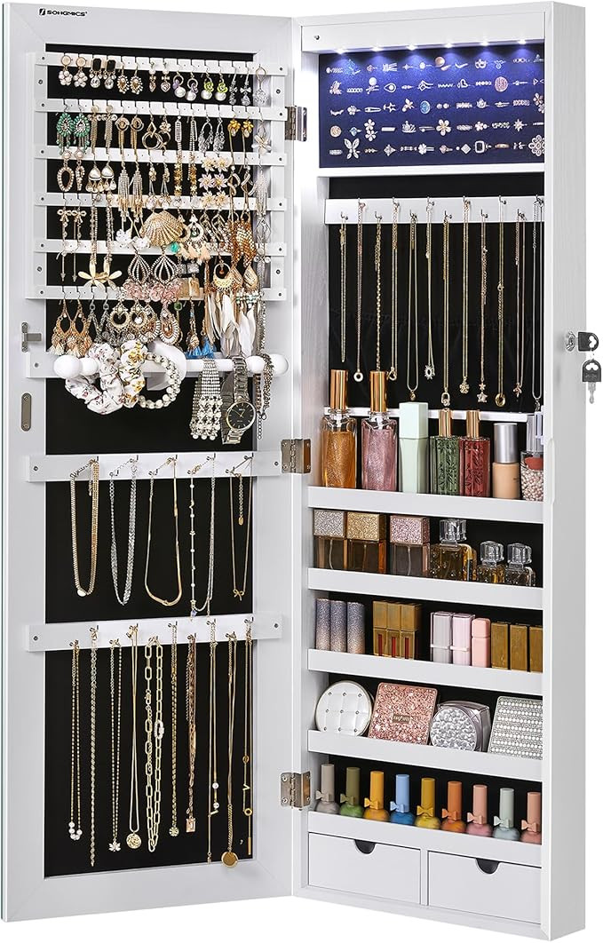 SONGMICS Hanging Jewelry Cabinet, Wall-Mounted Cabinet with LED Interior Lights, Door-Mounted Jew... | Amazon (US)