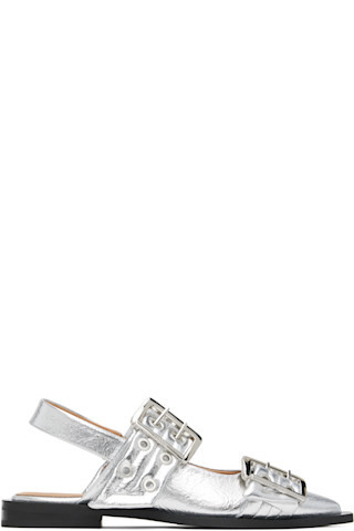 GANNI - Silver Metallic Feminine Buckle Flats | SSENSE