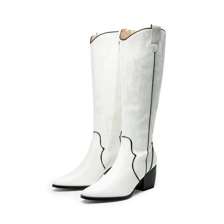 BURUDANI Womens Cowboy Boots Chunky Heel Pointed Toe Embroidered Western Cowgirl Knee High Boots White/Pu Size 8.5 | Walmart (US)