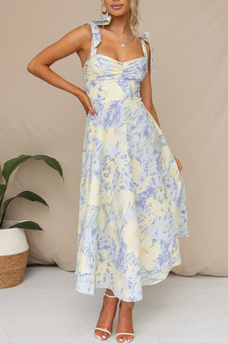 Print Tied Strap Sleeveless Vacation A-Line Midi Dresses | Cherley