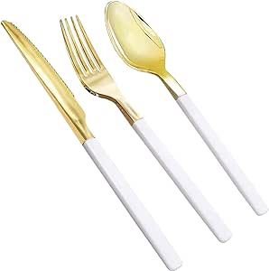 Nervure 150 Pieces Gold Plastic Silverware,Disposable Plastic Cutlery with White Handle- Include ... | Amazon (US)