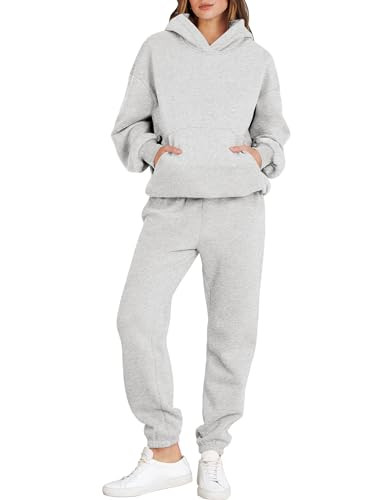 ANRABESS Womens 2 Piece Outfits Lounge Hoodie Oversized Sweatshirt Jogger Sweatpants Y2K Tracksuit Sweatsuit Set Fall Clothes Light Grey Large | Amazon (US)