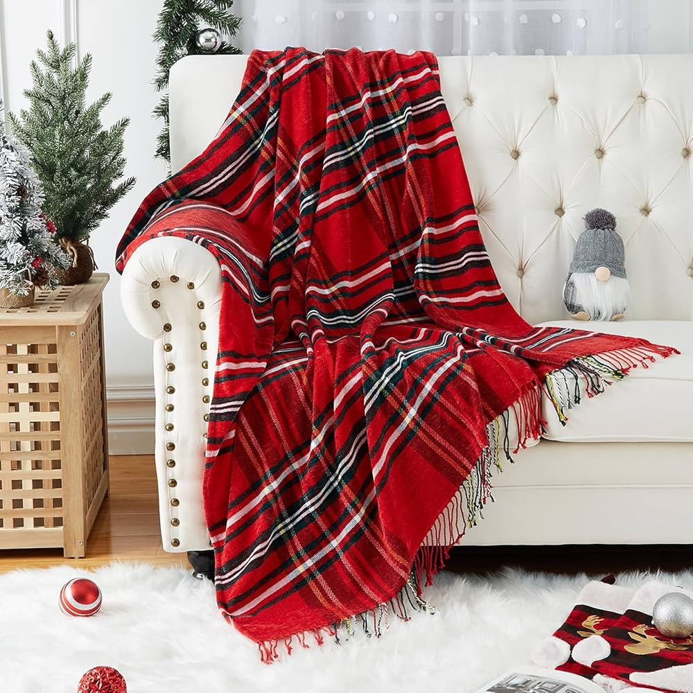 CAROMIO Christmas Plaid Chenille Throw Blanket for Couch Red and Green, Fluffy Soft Knitted Throw... | Amazon (US)