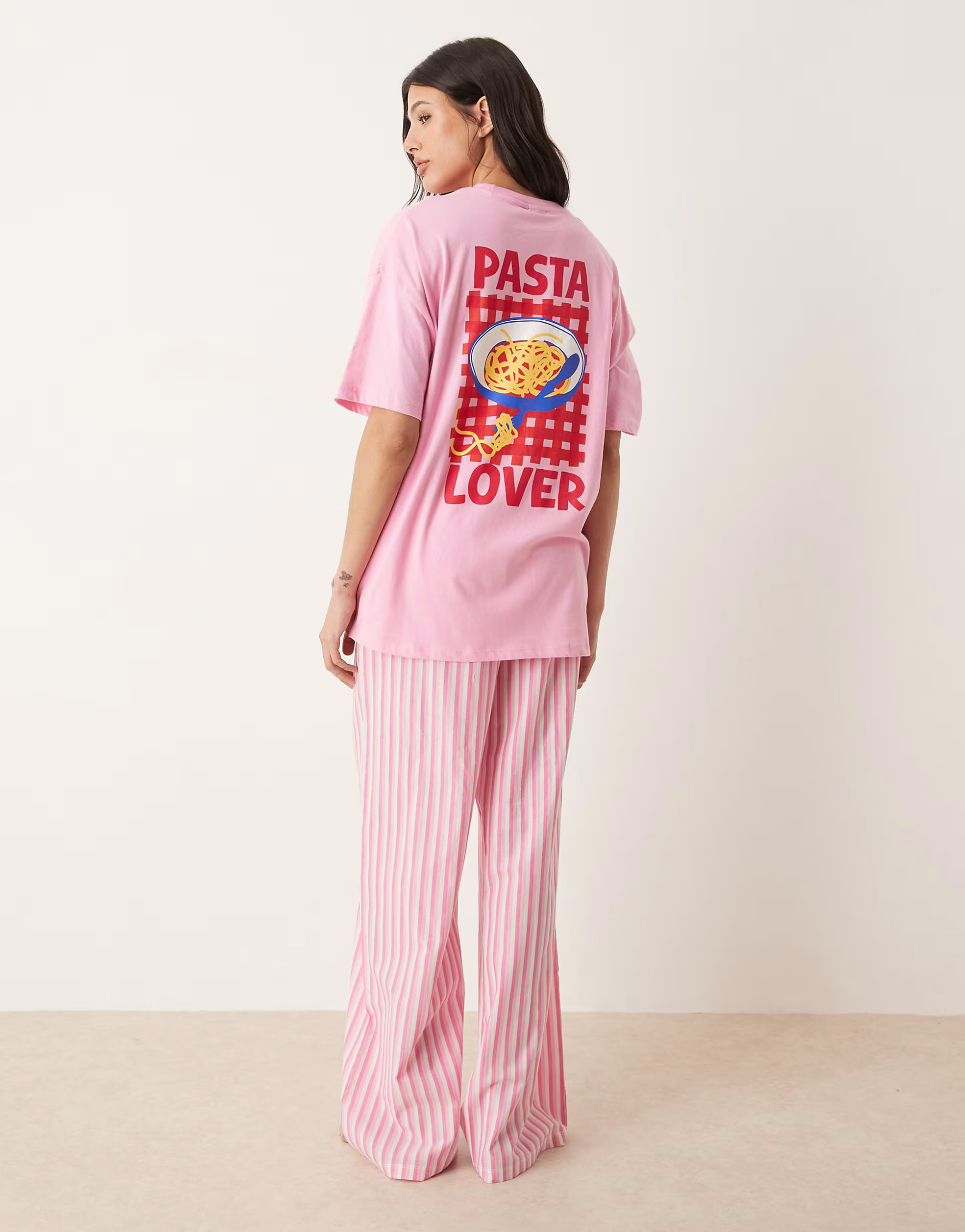 ASOS DESIGN Tall oversized tee and woven wide leg pants pajama set in pink pasta graphic | ASOS (Global)