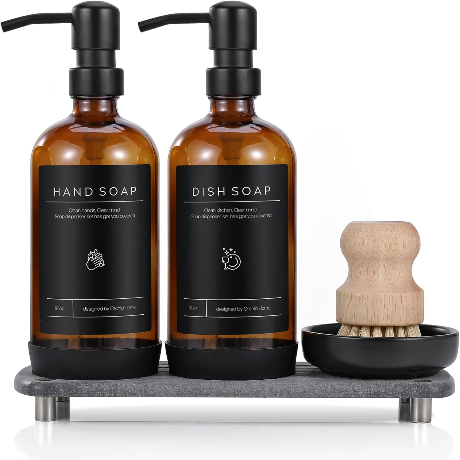[Luxury] Kitchen Soap Dispenser Set - 16OZ Amber Glass Bottle, Stainless Steel Pump, Instant Dry Tray, Waterproof Labels, Non-Slip Silicone Pad, and Dish Brush | Upgrade for Your Kitchen and Bathroom | Amazon (US)