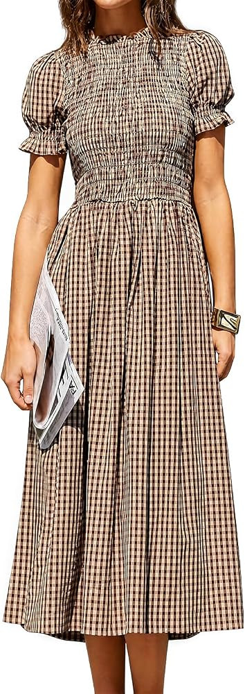 RIHOAS Plaid Gingham Midi Dress Short Sleeve Smocked Dresses for Women | Amazon (US)