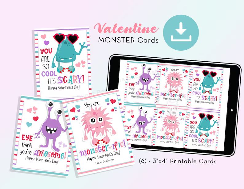 Printable MONSTER Valentine Cards, Classroom Valentine's Day Cards for Kids, Happy Valentine's Da... | Etsy (US)